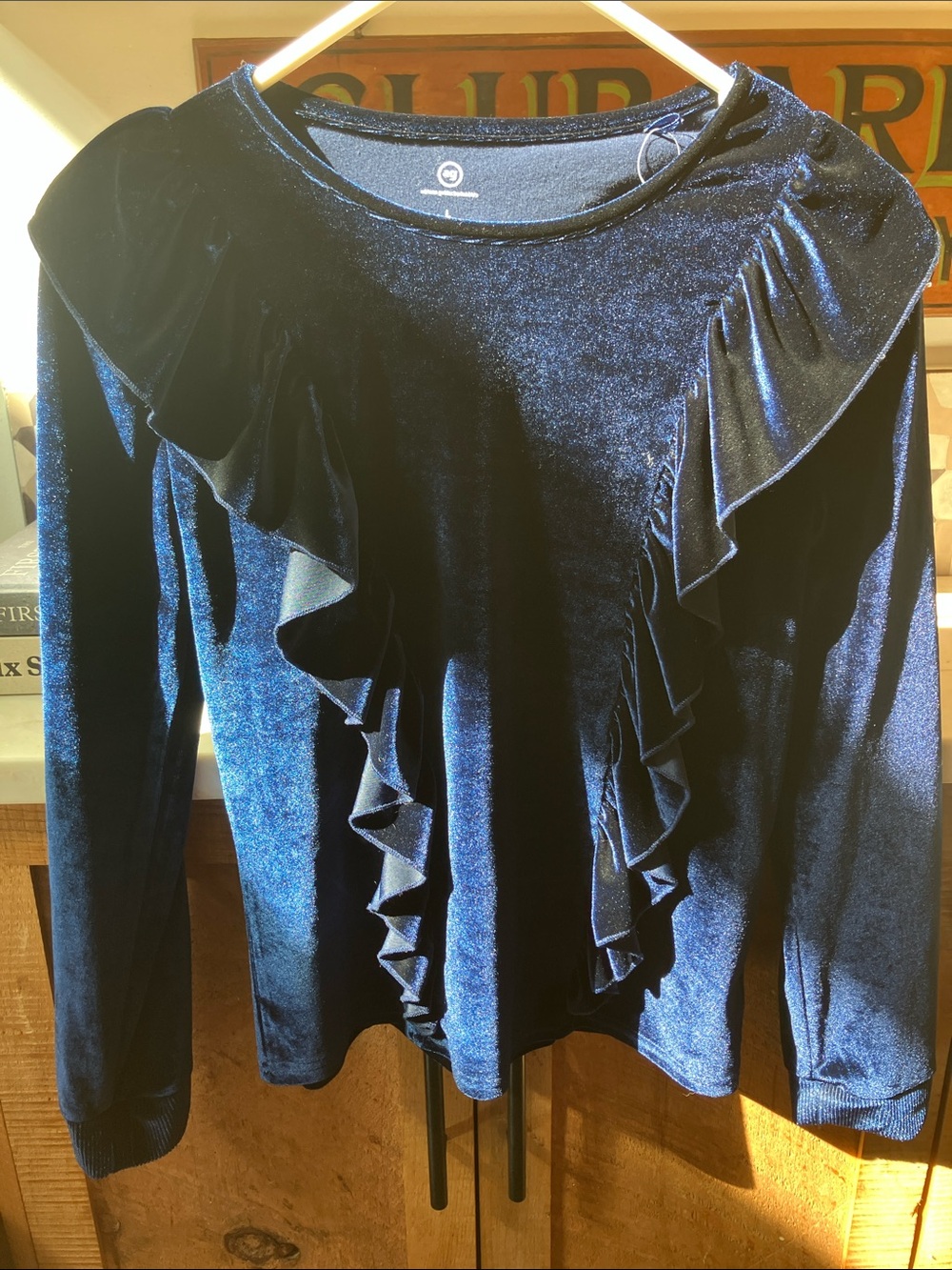 Ag Adriano Goldschmied Velvet Ruffle Long Sleeve Top - Navy Blue